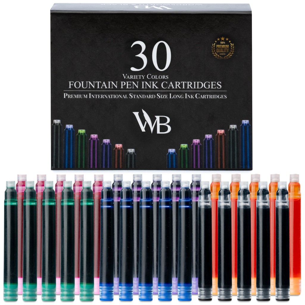 Wordsworth & Black Fountain Pen Ink Refills - 30 Pack Assorted Ink Cartridges - International Standa