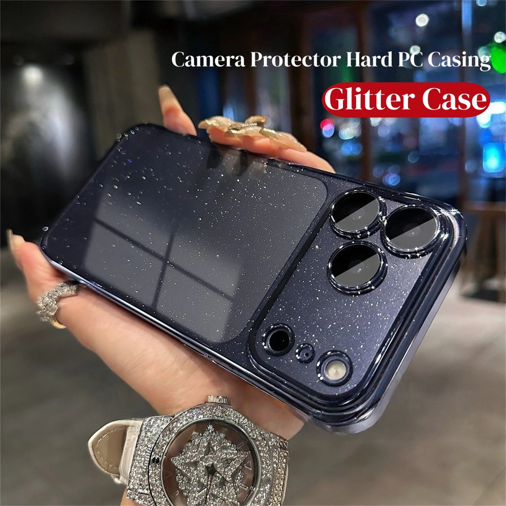 สีน้ําเงินเข้มGlitterโปร่งใสPCชุบเคสโทรศัพท์สําหรับiPhone 17 Air 16 15 14 13 Pro Max PlusหรูหราBlingใสกันกระแทกUltra Slim Cover
