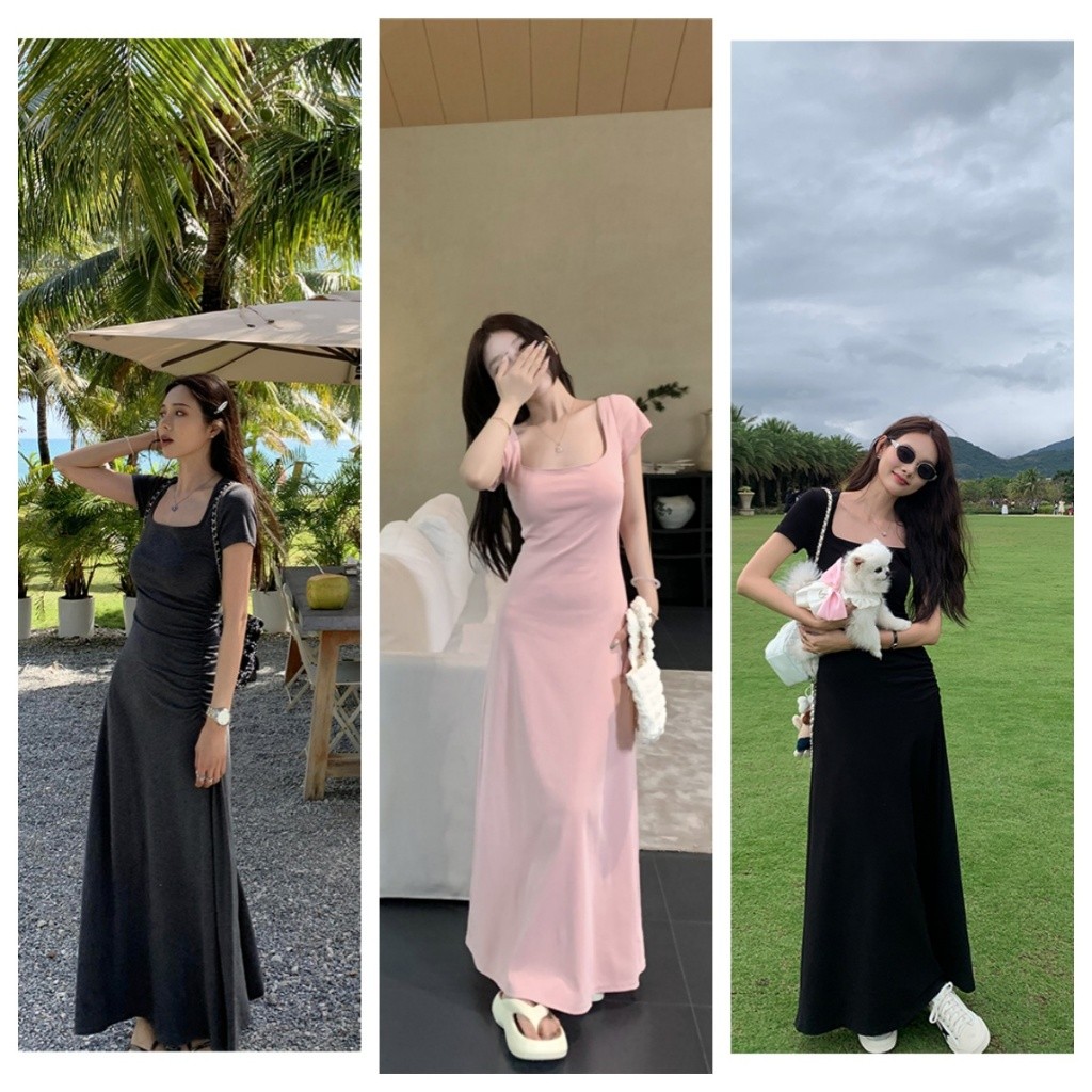 Bella Shop เดรสยาวหน้าร้อนเหมาะกับไปเที่ยวทะเล เดรสแขนสั้น คอยู ใส่สบาย