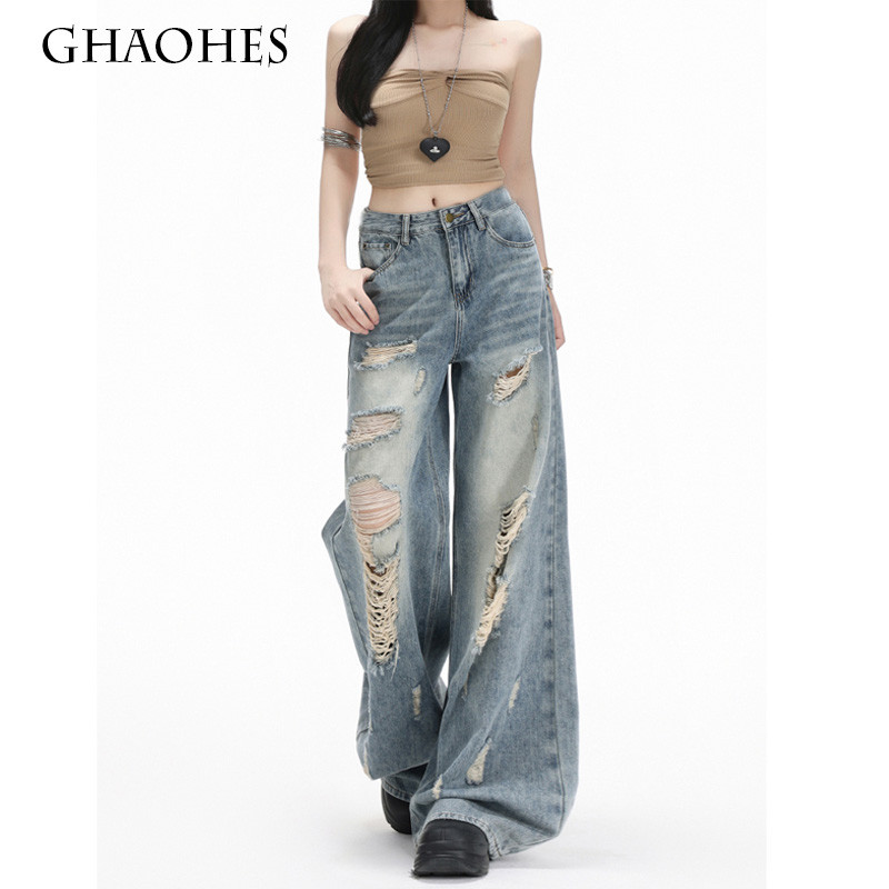 GHAOHES เฉพาะกลุ่มกางเกงยีนส์ขาดสีฟ้าอ่อนสไตร์อเมริกันเอวส รูปที่ 2
