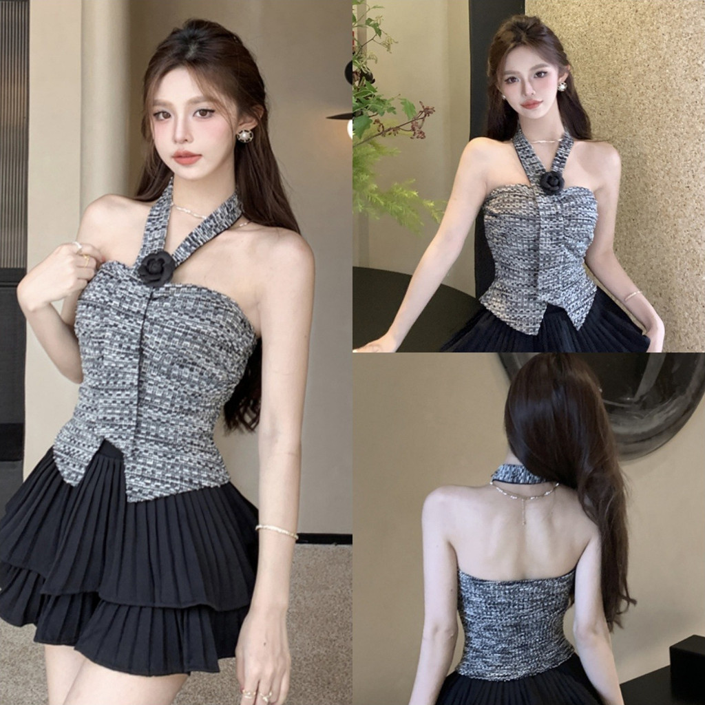 💝EElla💝เสื้อกล้าม เพิ่มสายคล้องคอแต่งดอกไม้ มีฟองน้ำ สีพื้น เสื้อครอปแขนกุด สไตล์เกาหลี แฟชั่น ใส่สบาย