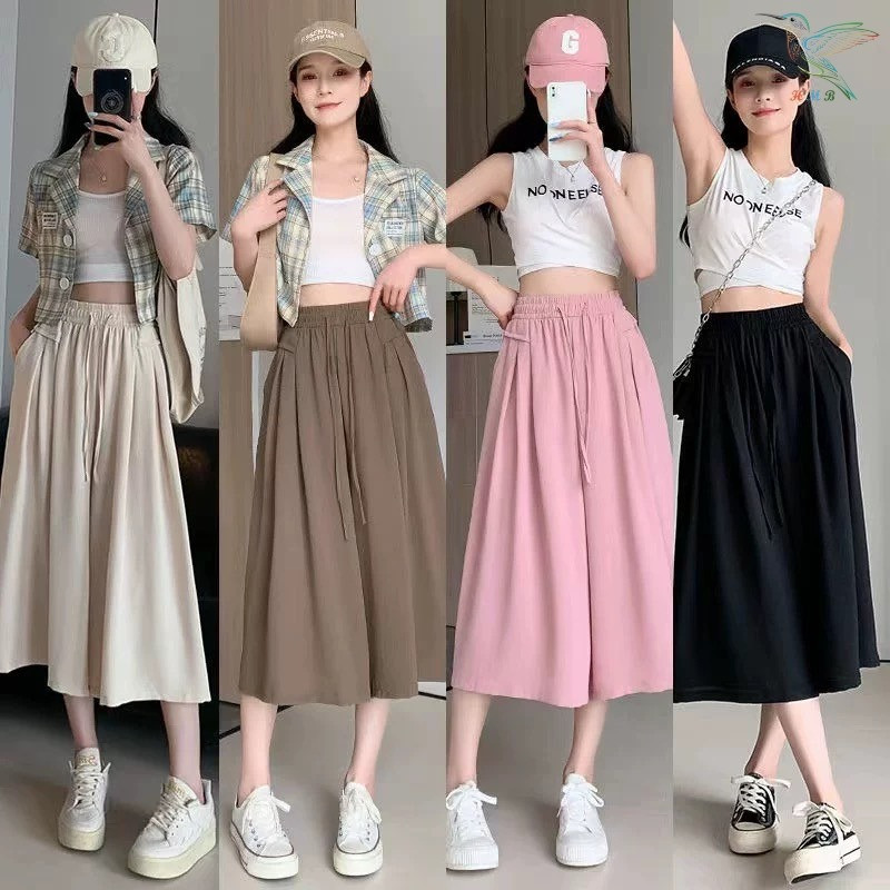 HMB® กางเกงขายาวแฟชั่น 8ส่วน ทรงขากระบอกใหญ่ ปลายขาบาน เอวยางยืด ผ้าไหมเทียม เนื้อผ้านิ่ม ดีไซน์สไตล์เกาหลี p813#