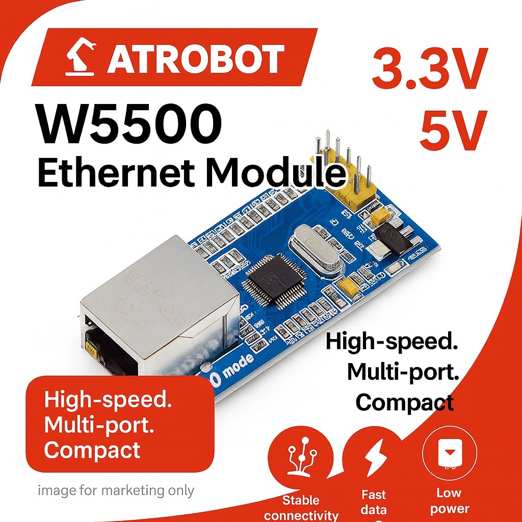 WIZnet W5500 Ethernet Module TCP/IP 80MHz 10/100Mbps SPI 3.3V 5V 32K Buffer 8 Sockets 55x27mm สำหรับ