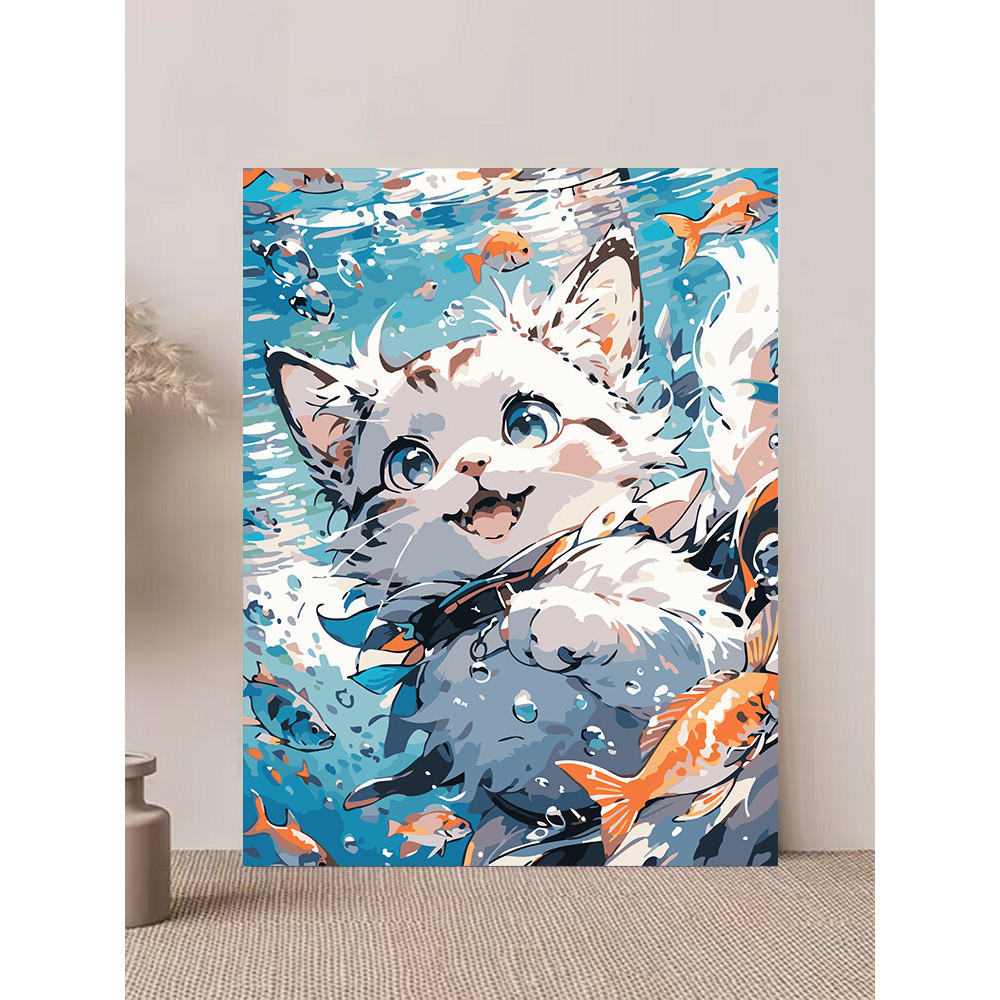 DADA DQ2 ภาพวาดสัตว์ขนาด 40x50 ซม. ลายเส้นมือจับปลาของลูกแมว DIY ระบายสีอะคริลิก PA4