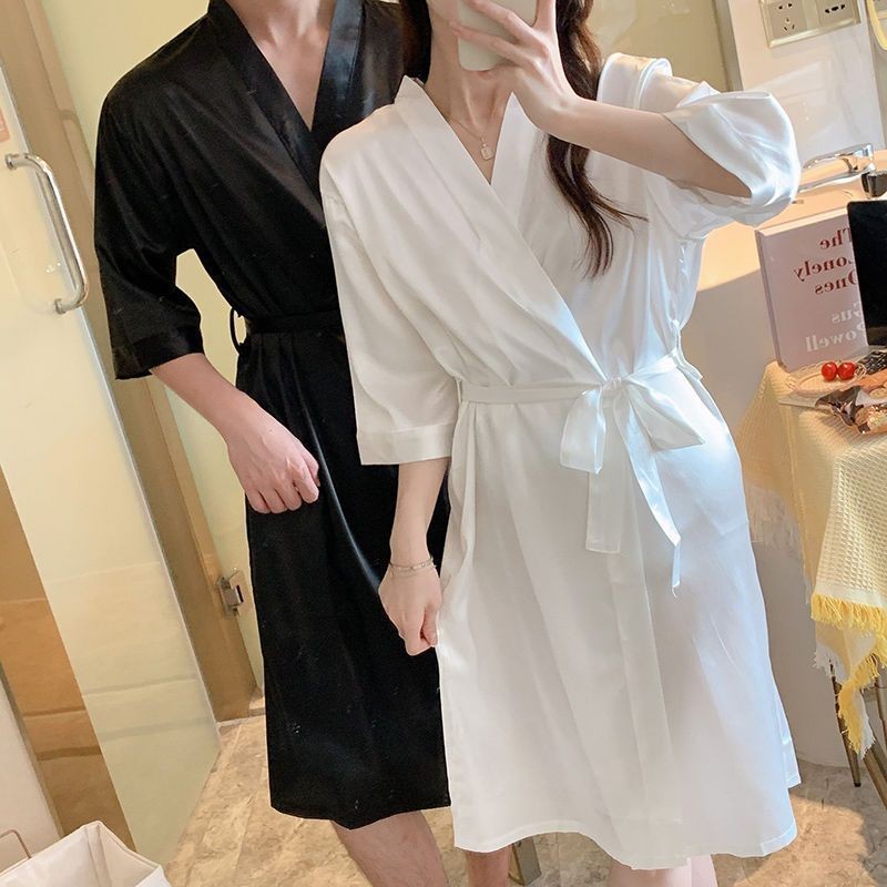 คู่ Nightgown หญิงฤดูใบไม้ผลิจริงผ้าไหมน้ําแข็ง Lace-Up Yukata Robe สไตล์บางโรงแรมสไตล์ Plus ขนาดผู้