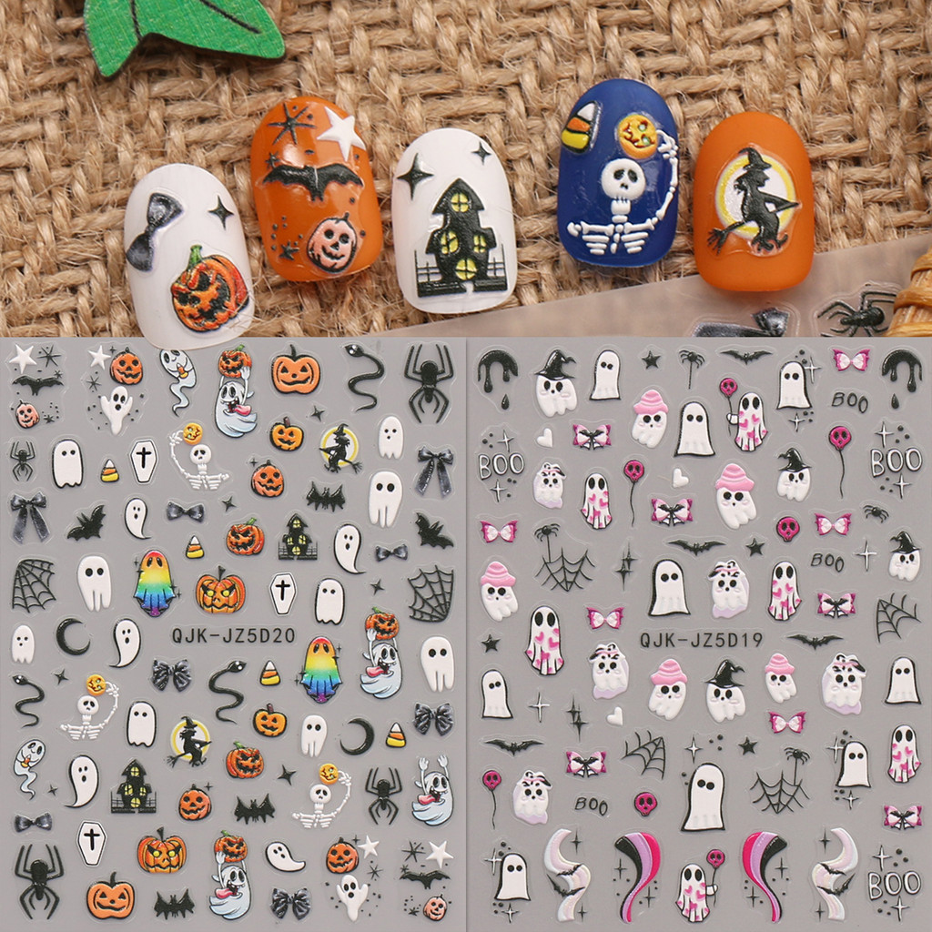 HAMA สติกเกอร์ตกแต่งเล็บลายการ์ตูนน่ารักฮาโลวีน ฟักทอง ผีเล็ก วันหยุดเล็บฝรั่งเศส