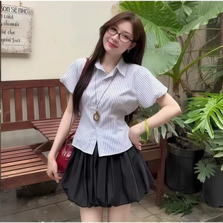 เสื้อเชิ้ตแขนพัฟผู้หญิง พิมพ์ลายทาง ทรงกระแทกด้านบน หลากหลายสี ผ้าผสมคอตตอนและลินินเนื้อนุ่ม สไตล์เซ็กซี่และสวมใส่ง่าย