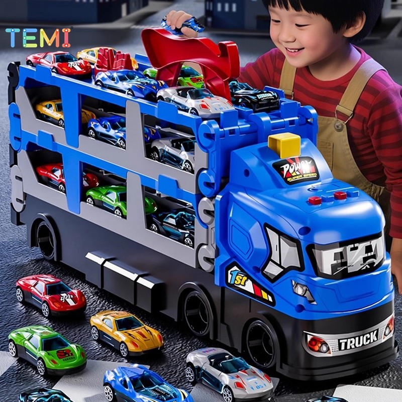 TEMI Boy Truck Toy Deformed Container Truck Transporter รถบรรทุกพับได้ของเล่น 6 คันโลหะผสม