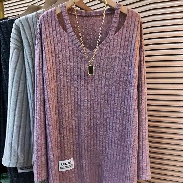Chic ขนาดใหญ่หลวม V คอสีทึบเสื้อยืดผู้หญิงไขมัน MM1-125 กก.ฤดูใบไม้ผลิฤดูใบไม้ร่วงทั้งหมดตรงกับความย