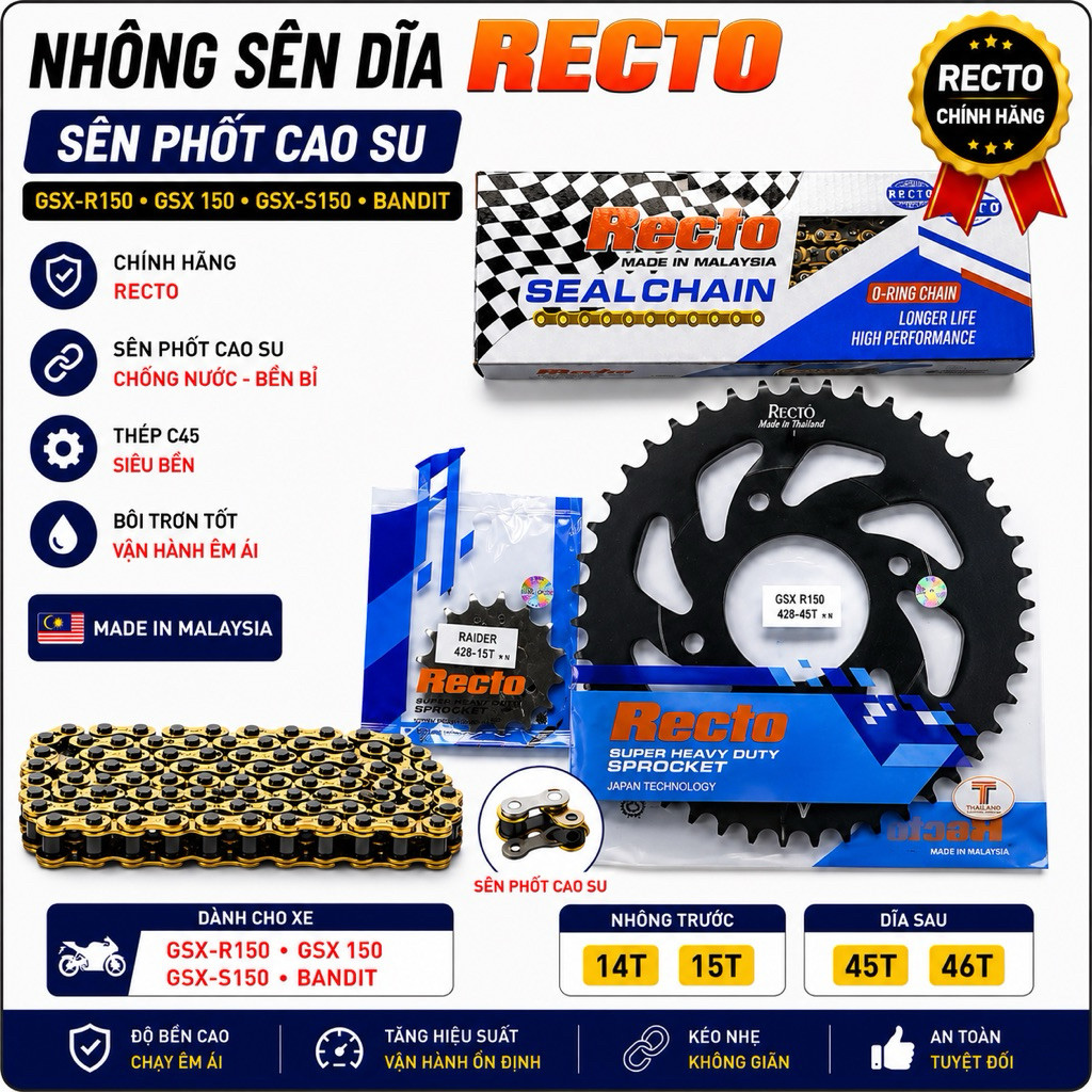 สเตอร์ GSX-R150,GSX 150,GSX-s150,Bandit [โซ่ปิดผนึก] Premium RECTO มาเลเซียส้อม 45T 46T 14T 15T.