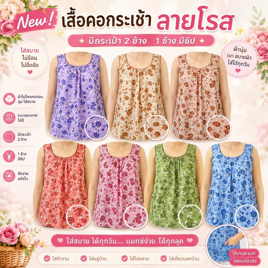 เสื้อคอกระเช้า แบบคอถัก ลายโรส ผ้าไมโคร มีกระเป๋า 2 ข้าง 1ข้างมีซิป G01