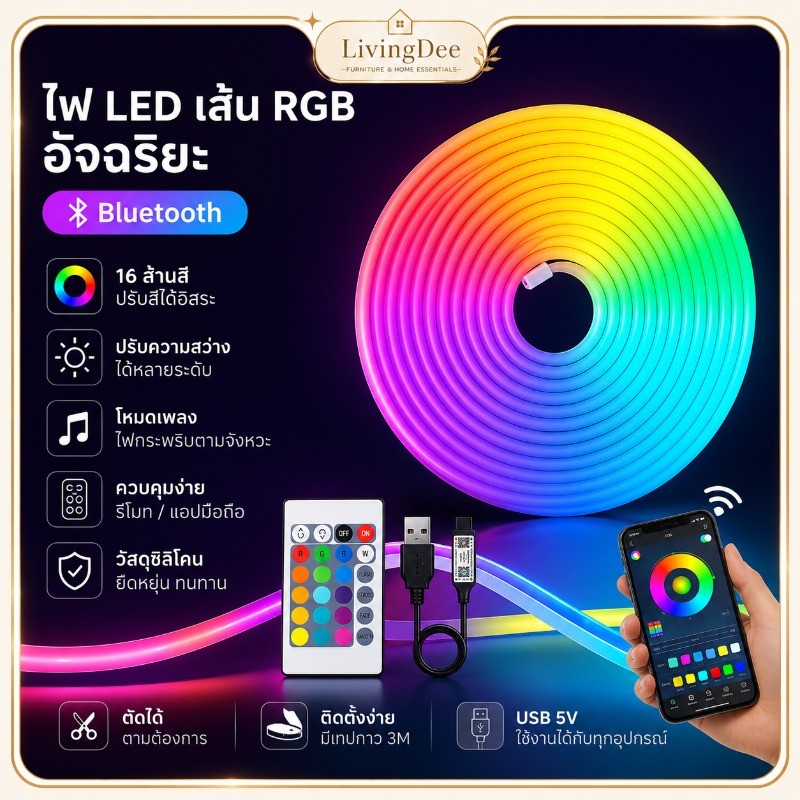 ส่งไว ไฟเส้น LED RGB นีออนอ่อนนุ่ม ควบคุมมือถือบลูทูธ ปรับความสว่างได้ ตัดขนาดเอง ตกแต่งโต๊ะคอม ห้องเล่นเกม ไฟหลังจอทีวี