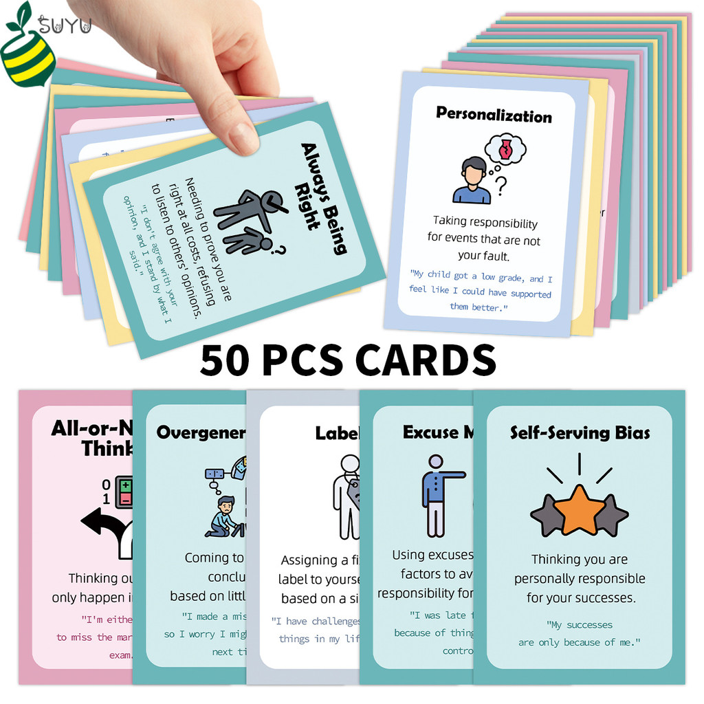 50 ชิ้นความรู้ความเข้าใจบิดเบี้ยว Flashcards เกมบําบัดสําหรับเด็กวัยรุ่นผู้ใหญ่จิตวิทยา CBT เครื่องมือการศึกษาสุขภาพจิตการรับรู้การ์ด Counseling อุปกรณ์