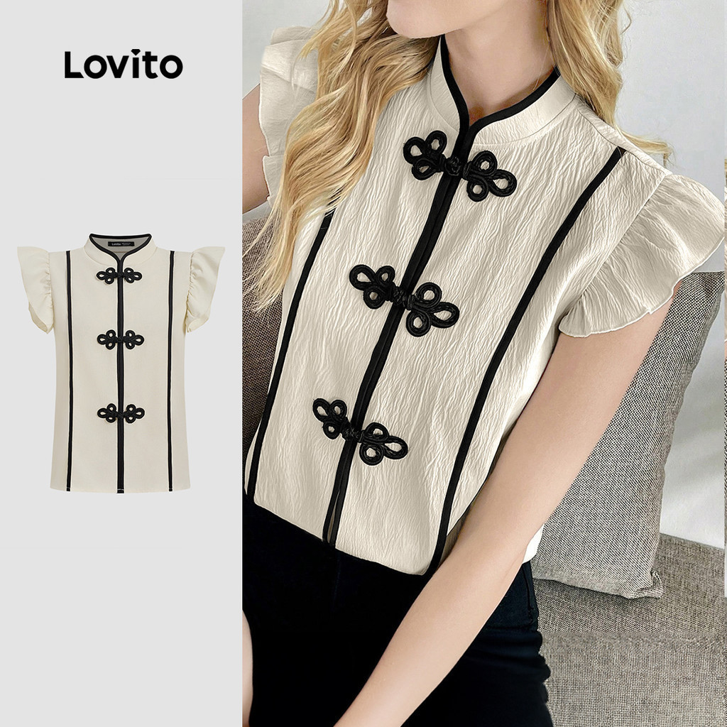 Lovito เสื้อเบลาส์สีขาวสำหรับผู้หญิง สไตล์หรูหรา เหมาะสำหรับวันหยุดพักผ่อน งานรับปริญญา งานพรอม งานแต่งงาน คอระบาย สำหรับฤดูใบไม้ผลิ/ฤดูร้อน L170LD042