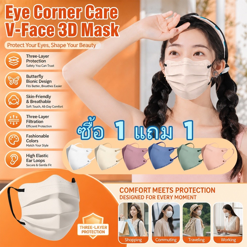 😷[COD] Buy 10 get 10  หน้ากาก 5D V-face ปกป้องมุมตา กันแดด 3 ชั้น แพ็คแยกซอง พร้อมส่งทั่วประเทศ