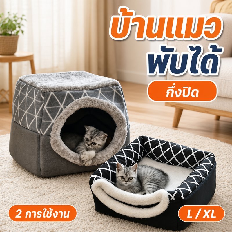 ที่นอนแมว บ้านแมวพับได้ เบาะนอนสัตว์เลี้ยง กึ่งปิด ถอดซักได้ กันลื่น ผ้าฟลีซนุ่ม ขนาด L XL