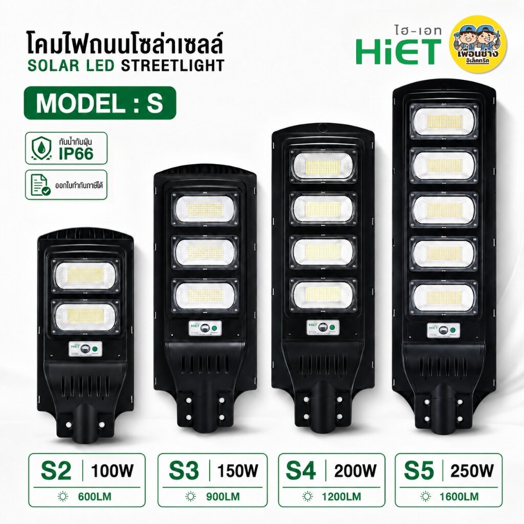 HiET โคมไฟถนน โซล่าเซลล์ LED รุ่น S Solar Streetlight S2 S3 S4 S5 100W 150W 200W 250W แสงขาว Dayligh