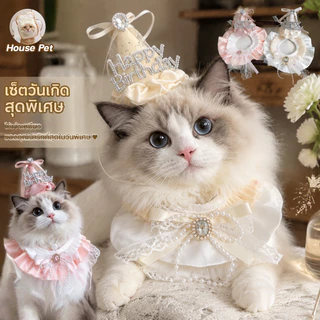 New หมวกวันเกิดสัตว์เลี้ยง เซ็ตผ้ากันเปื้อนวันเกิดแมว ดูดี ครบเซ็ต ผ้าพันคอวันเกิดสัตว์เลี้ยง งานสวยตรงปก