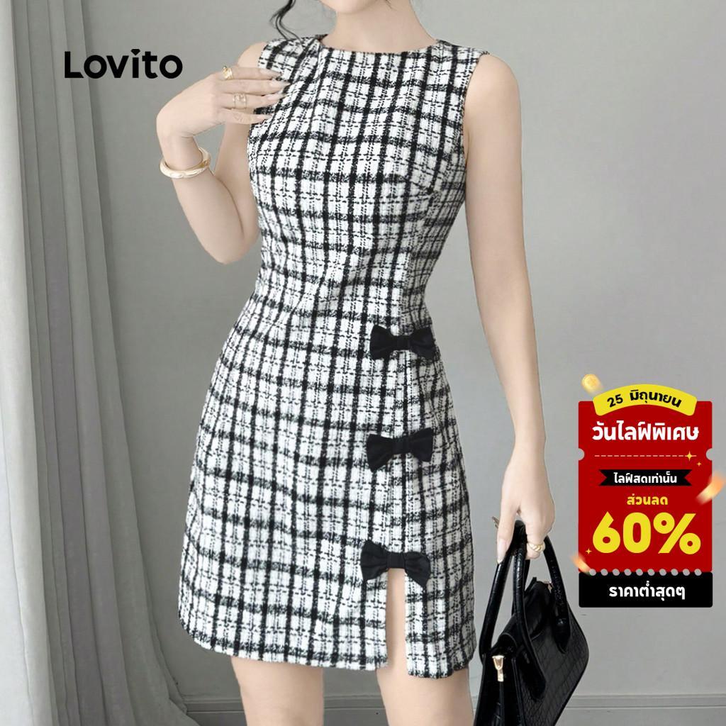 Lovito สง่างาม เดรสสวยหรู ผูกโบว์ กระดุมสีตัดกัน สีฟ้าขาว สำหรับผู้หญิง เหมาะสำหรับฤดูใบไม้ผลิ/ฤดูร้อน L177ED373