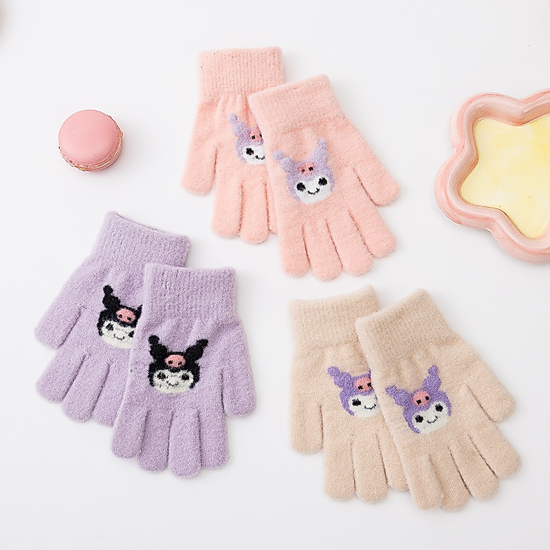 SANRIO ฤดูหนาวเด็กถุงมือน่ารักการ์ตูน ซานริโอ คุโรมิ 5-10 ปีสาวถักนุ่มอบอุ่นกลางแจ้งถุงมือเต็มนิ้ว