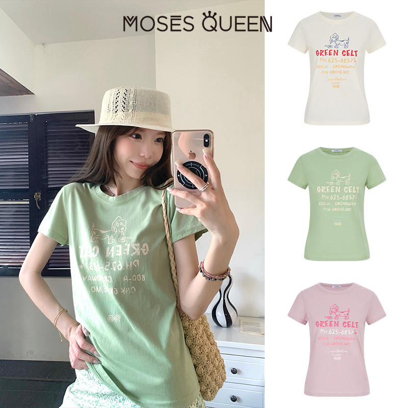 MOSESQUEEN เสื้อยืดแขนสั้นพิมพ์ลายตัวอักษรย้อนยุคอเมริกันสําหรับผู้หญิงฤดูร้อน unisex เสื้ออเนกประสงค์และสลิมมิ่ง #63792