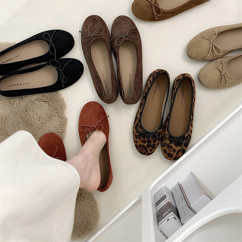 [DIAIRIZ] LUDAKE LUDAKE Daily Matching Gentle Shallow Mouth Ballet Shoes Bow Flat Ladle Shoes Leopar