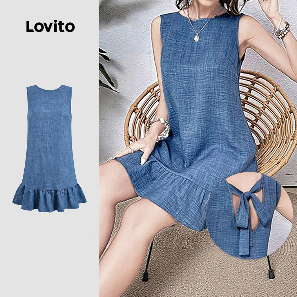 Lovito แคชชวล ชุดเดรสสายเดี่ยวลายลูกไม้ดีไซน์ริบบิ้นโบว์ด้านหลัง สีฟ้า สำหรับฤดูใบไม้ผลิ/ฤดูร้อน L155AD243