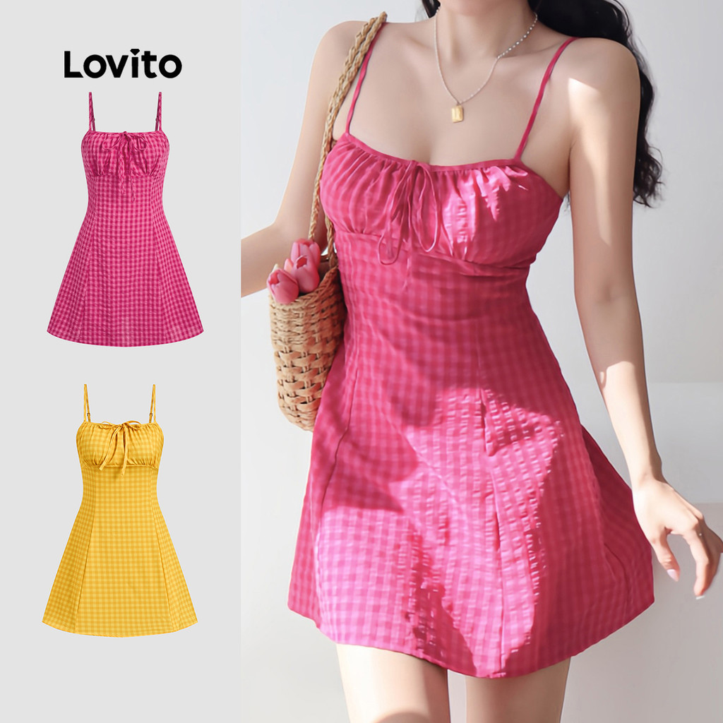 Lovito แคชชวล ชุดโบฮี๋ลายลูกไม้ ซิปผูก ผ้านุ่มสบาย สำหรับฤดูใบไม้ผลิ/ฤดูร้อน สีกุหลาบแดง L137ED021