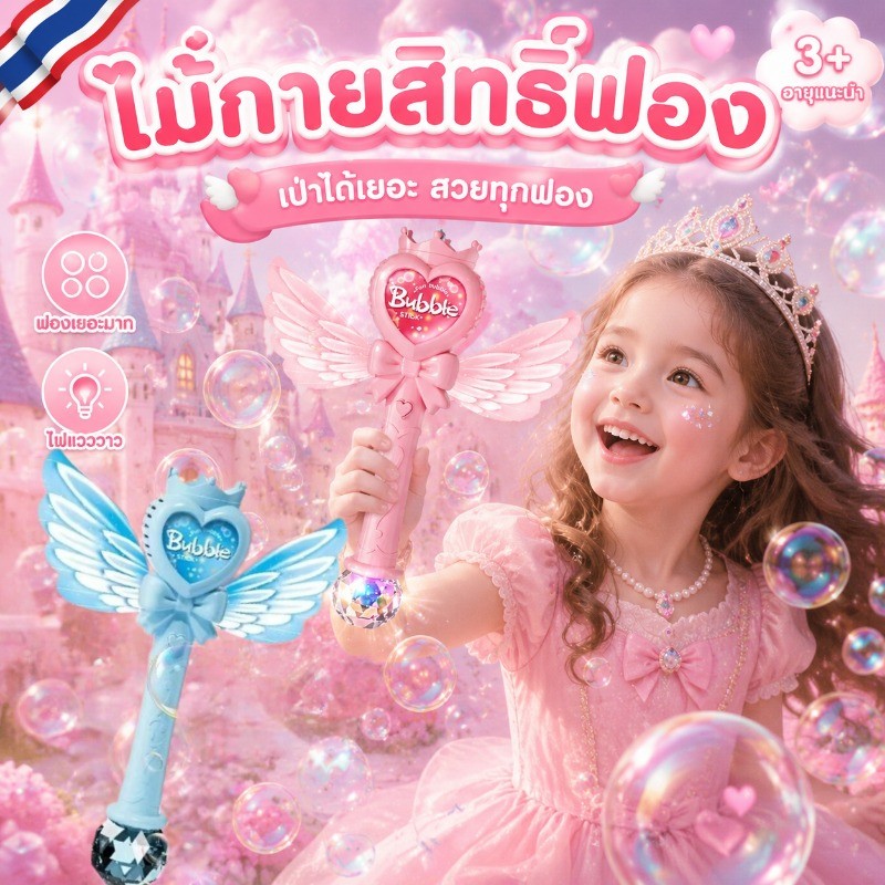 COD ไม้กายสิทธิ์ฟอง ปืนฟองสบู่เจ้าหญิง ปืนเป่าฟองอัตโนมัติ มีไฟเสียง ชาร์จไฟ ของเล่นเด็กผู้หญิง