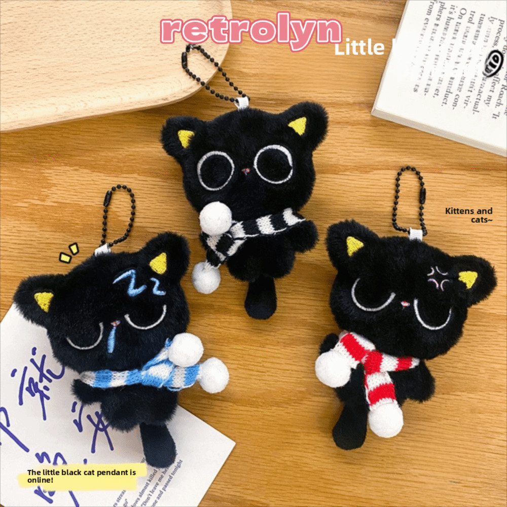 จี้กระเป๋าตุ๊กตา RETROLYN, ผ้าพันคอลายทางยัดไส้พวงกุญแจตุ๊กตาแมวดํา, ของขวัญพวงกุญแจรถนุ่ม Sleepy น่ารัก