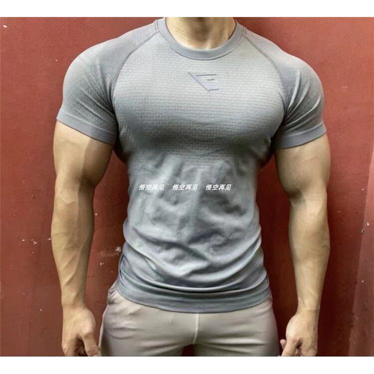 GYMSHARK Onyx2.0 Shark Mens Superhero Fitness Training Sports กางเกงรัดรูปแขนสั้น