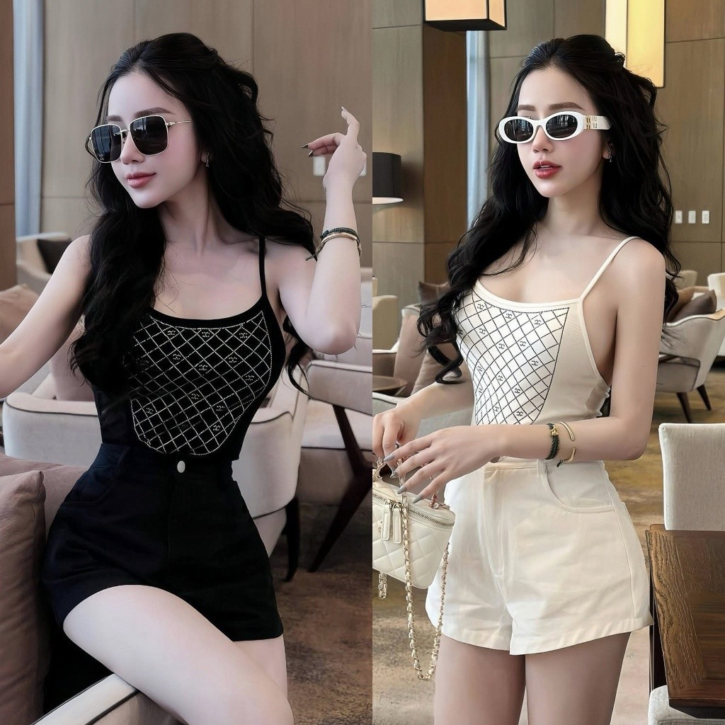 M.shop (พร้อมส่ง) Blossom35 Set2ชิ้น bodysuit รีดเพชรเป็นลายด้านหน้า กางเกงขาสั้น ใส่เที่ยว ปาร์ตี้