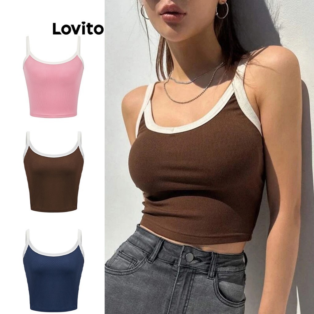 Lovito เสื้อกล้ามผู้หญิง สไตล์ลำลอง สีพื้น คอนทราสท์ไบดิ้ง L70AD028 (หลากสี)