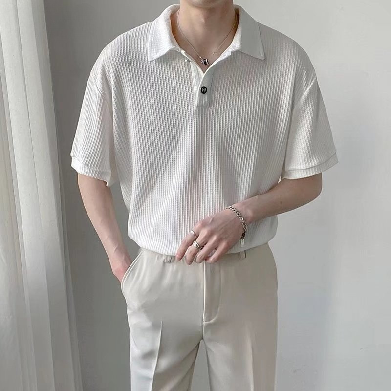 เสื้อโปโลชาย เสื้อคอปก ระบายอากาศได้ดี ลายวาฟเฟิล สีขาว แฟชั่นฤดูร้อน สไตล์นักธุรกิจ สําหรับ เสื้อยืดผู้ชาย