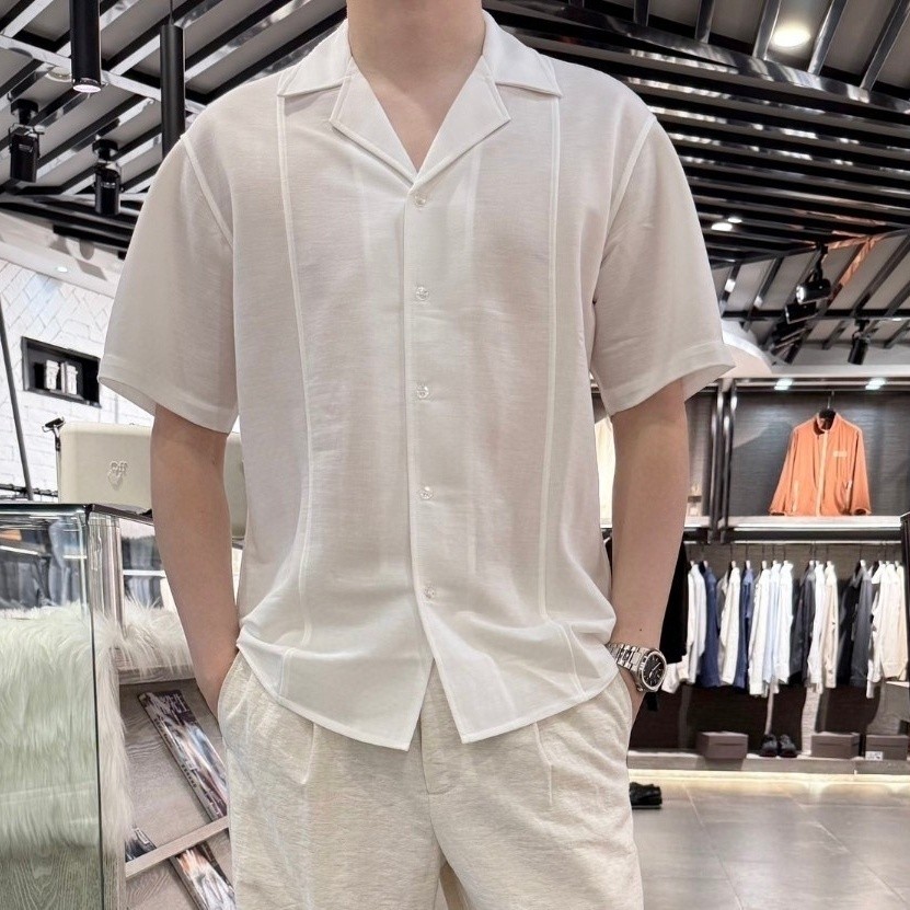 QWVQ ZEGNA White Striped Thin Men's Loose Cuban Short Sleeve Shirt Cool Casual Shirt Summer ez