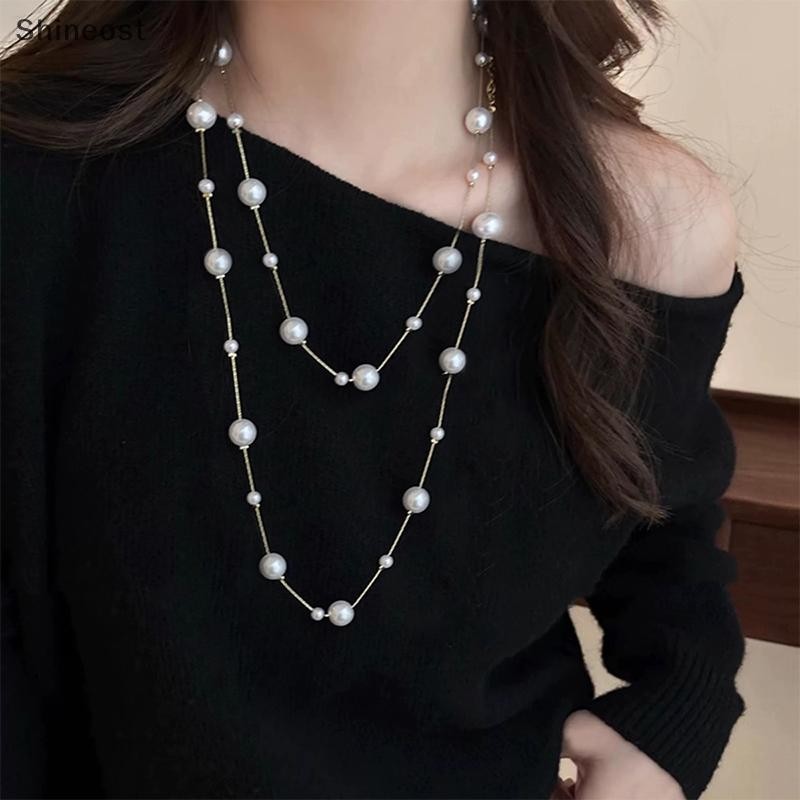 Null Elegant Double Layer จําลอง Pearl เสื้อกันหนาวสร้อยคอผู้หญิงหญิงคอสร้อยคอโซ่ยาว null