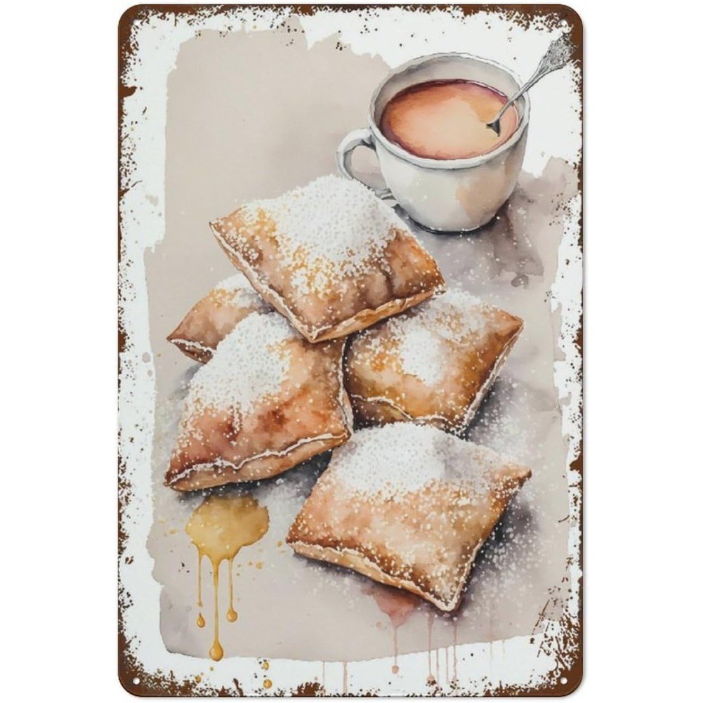 HELLOYOUNG ป้ายวินเทจดีบุกโลหะ 2D ขนาด 12x8 นิ้ว.Beignets Coffee Wall Art Decor สำหรับตกแต่งห้องครัว