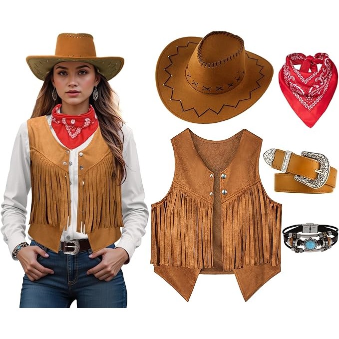 พร้อมส่ง ผู้หญิงผู้ชาย Cowgirl เครื่องแต่งกาย Western เสื้อกั๊กหมวกเข็มขัดผ้าพันคอชุดสําหรับคาวบอย Tassels Fringe เสื้อกั๊กฮาโลวีนชุด Wild West คอสเพลย์