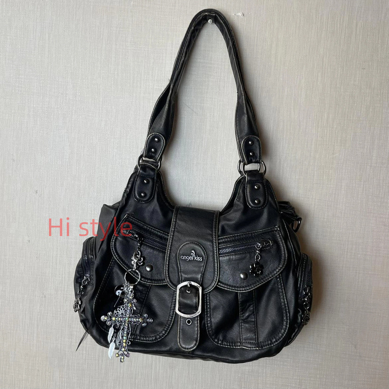 กระเป๋าสะพายไหล่แบบวินเทจ Angel Kiss ความจุมาก สำหรับผู้หญิง ทำจากหนังนิ่ม มีหลายช่องเก็บของ