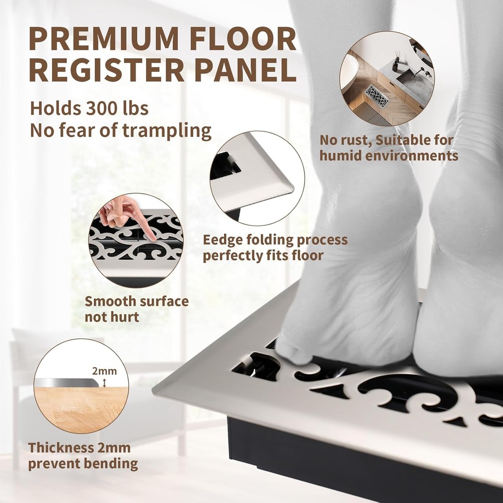 4x10 นิ้ว Air Floor Vents Register Ease ปรับ Air Flow Savannah Design-Heavy Duty เหล็กตกแต่งชั้น Ven