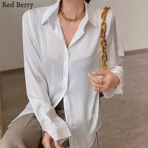 Red Berryเสื้อเชิ้ตลายทางผู้หญิง 2025 ใหม่ฤดูใบไม้ผลิและฤดูใบไม้ร่วงผ้าชีฟองหลวมแขนยาวW516