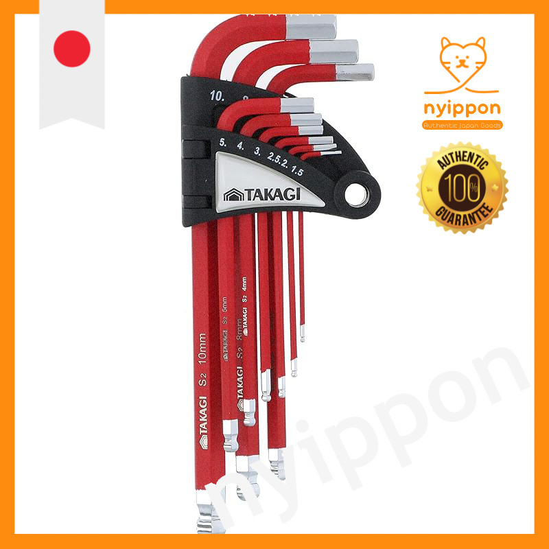 Takagi HANDIWORK Color Coated Hex Key Set with Ball Point, Red, 9 Pieces No. 101