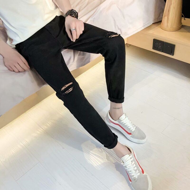สต็อกพร้อม!Knee Ripped Jeans Mens Foot Teen Slim