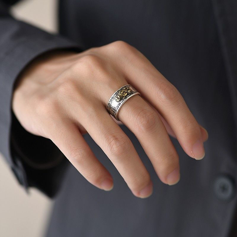 S999 เงินสเตอร์ลิง Lucky Fortune Transfer Lucky Cloud Pixiu แหวนชายหัวใจ Sutra หกตัวอักษร Mantra Ret