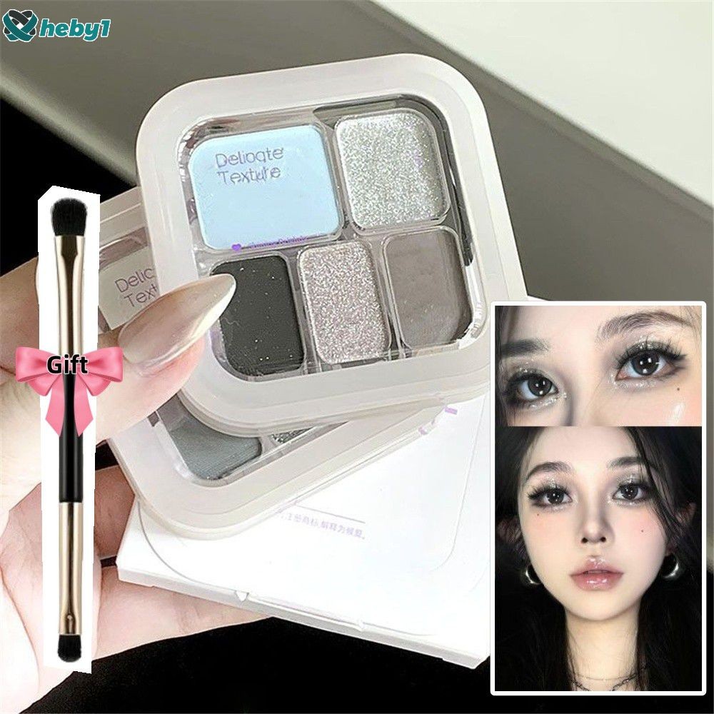 [แปรงฟรี]พาเลทอายแชโดว์และบลัชออน 5 สี Pearlescent Matte Bright Ground Color สีดำและขาว Smoky สีเทาซีเมนต์ พกพาสะดวก heby1