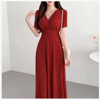 เดรสสีแดง กระโปรงยาว ชุดราตรี ออกงาน แฟชั่น สาวอวบ น่ารัก เดรสไปทะเล งานแต่ง 3XL