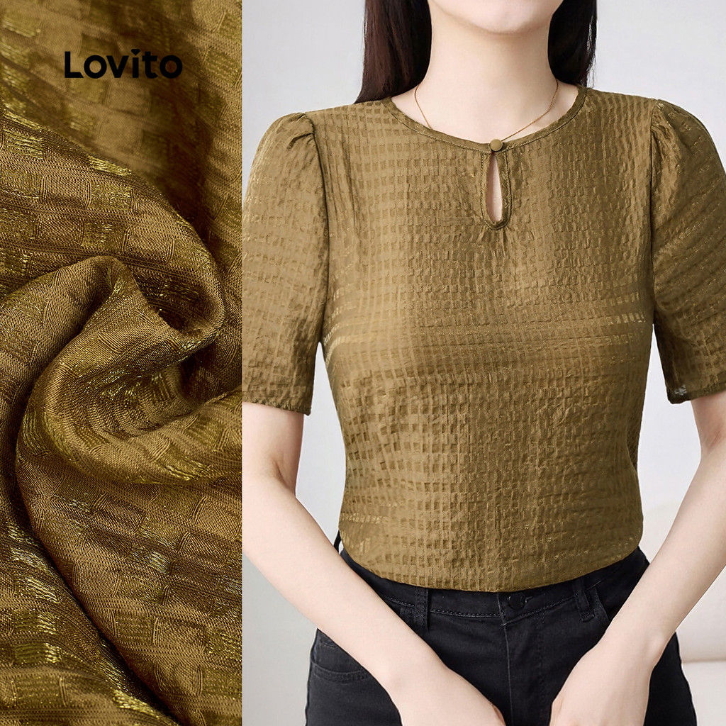 Lovito เสื้อเบลาส์ปาร์ตี้คริสต์มาสสุดหรูหรา เสื้อเบลาส์สีน้ำตาลทรงกลวงสำหรับผู้หญิง L150AD1003