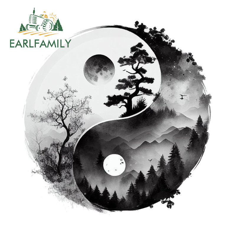 EARLFAMILY Yin Yang ธรรมชาติทิวทัศน์รถสติกเกอร์บุคลิกภาพกันน้ํา Campervan สเก็ตบอร์ดแล็ปท็อป JDM ไวนิล Decal Scratch-Proof รถอุปกรณ์เสริม