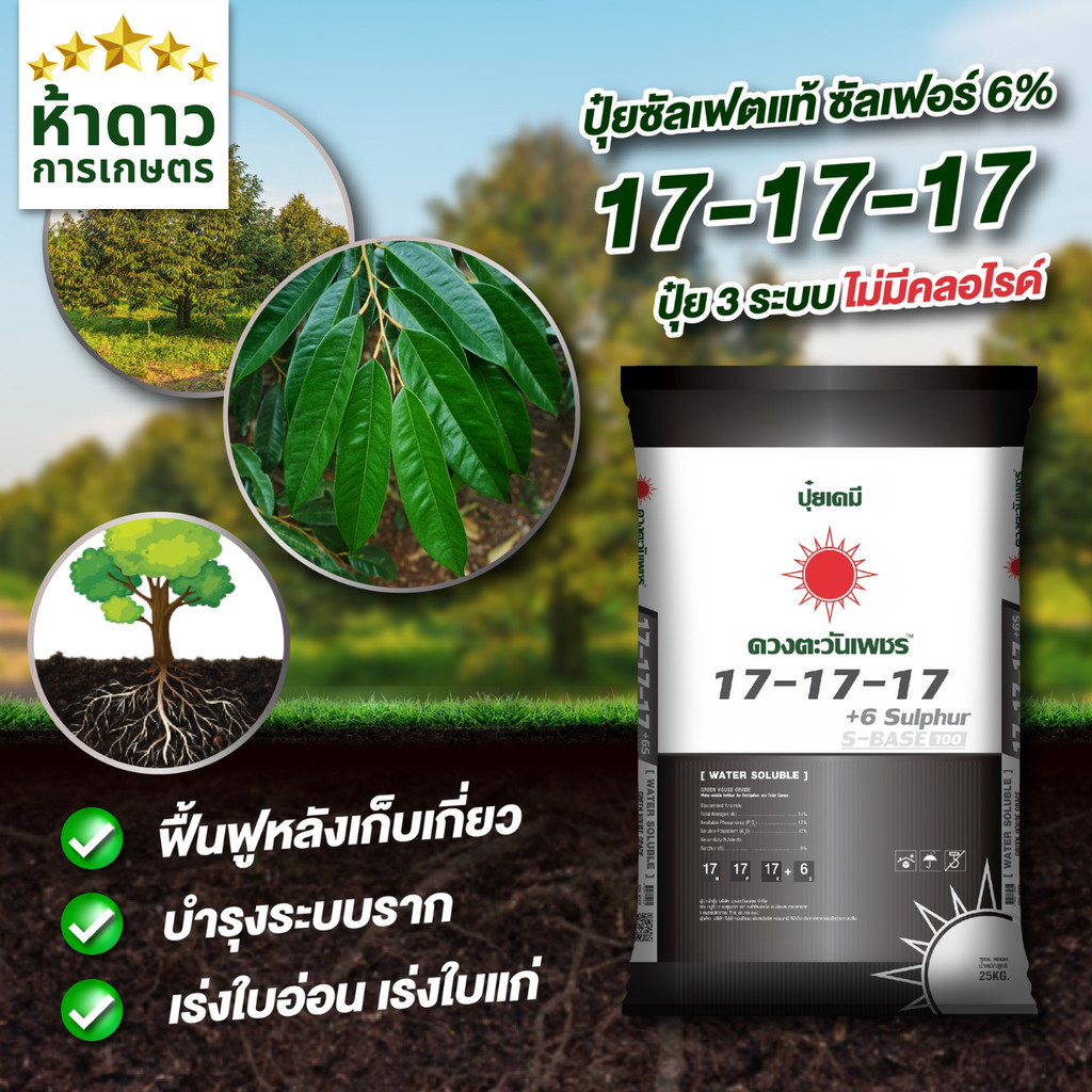 ปุ๋ย 17-17-17 ดวงตะวันเพชร เกรดละลายน้ำ100% สูตรเสมอบำรุงทุกส่วนของพืช ฉีดพ่น-หว่าน-น้ำหยดได้ 25กก.