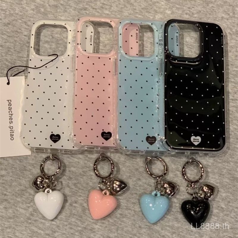 เคสโทรศัพท์ เหมาะสําหรับ iPhone สไตล์เกาหลี ins จี้รักลายจุดสีทึบ 17/16/15promax/14 สไตล์ใหม่ 13/12/11pro Niche xsmax/xr Creative Shock-proof Large Hole รวมทุกอย่างเคสป้องกัน 6ELC